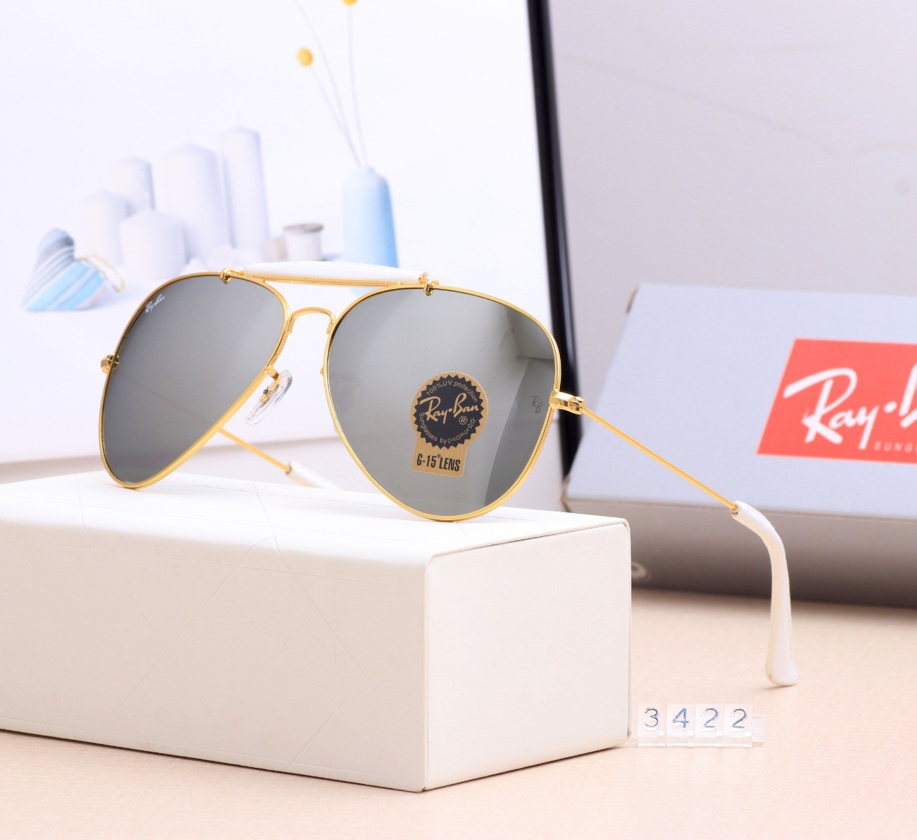 Ray Ban RB3422 Sunglasses Gray/Gold with White