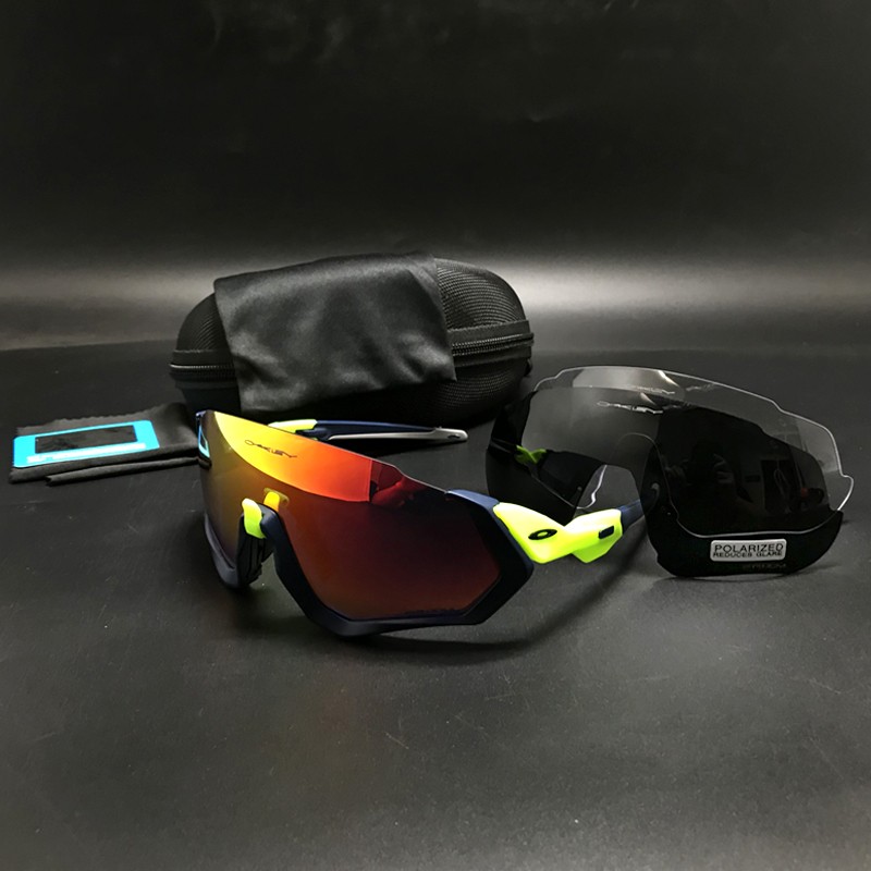 Oakley Flight Jacket Sunglasses Blue with Green/Ruby Iridium  + Gray and Clear Lens (free)