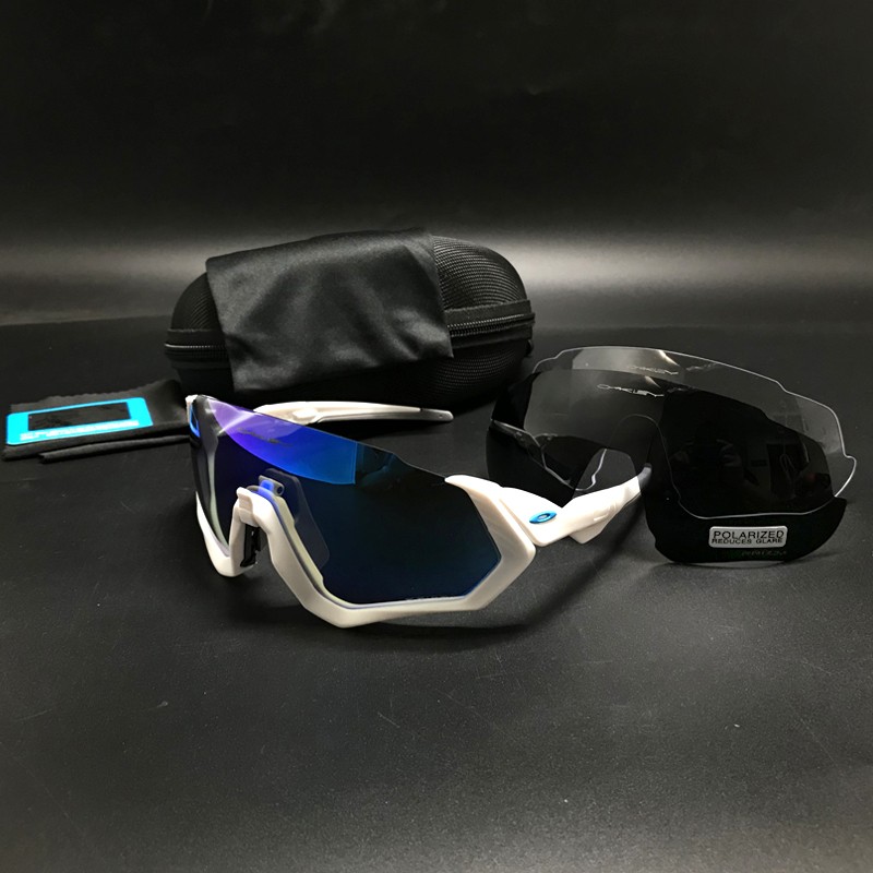 Oakley Flight Jacket Sunglasses Polished White/Dark Blue  + Gray and Clear Lens (free)