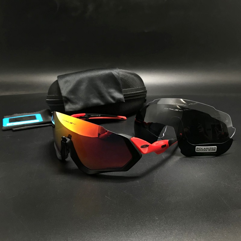 Oakley Flight Jacket Sunglasses Black with Red/Dark Red  + Gray and Clear Lens (free)