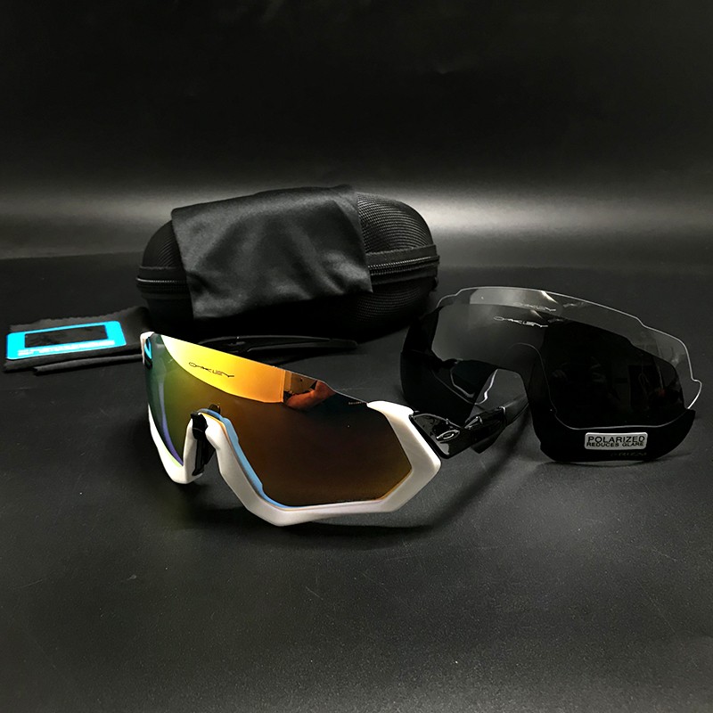 Oakley Flight Jacket Sunglasses White with Black/Prizm Blue + Gray and Clear Lens (free)