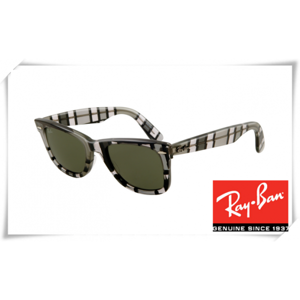Ray Ban RB2140 Original Wayfarer Sunglasses Black White Grey Stripe Frame Green Lens