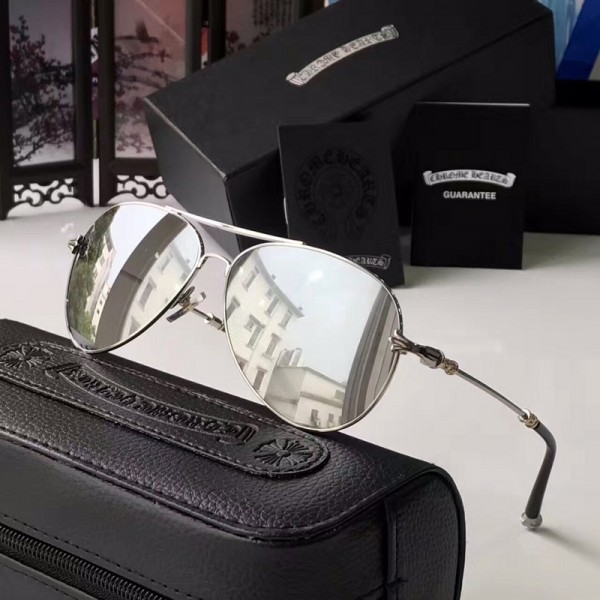 Chrome Hearts Fashion Sunglasses H1024 Shiny Silver Lenses Black Frame