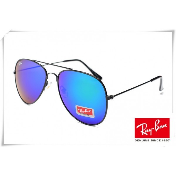 Ray Bans AViator RB3025 Sunglasses Black Frame Blue Flash Lens