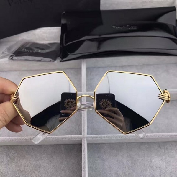 Percy Lau Dada Child Hexagon Polarized Sunglasses Shiny Grey Mirror Gold Frame