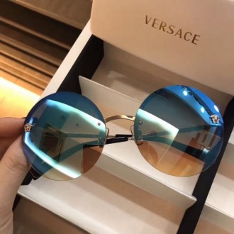 Versace 2176 Retro Medusa Logo Round Frame Sunglasses Blue Lenses