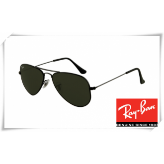 Ray Ban RB3044 Aviator Small Metal Sunglasses Black Frame Crystal Deep Green Lens