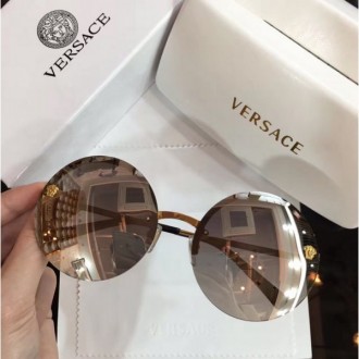 Versace 2176 Retro Round Frame Sunglasses Shiny Brown Lenses