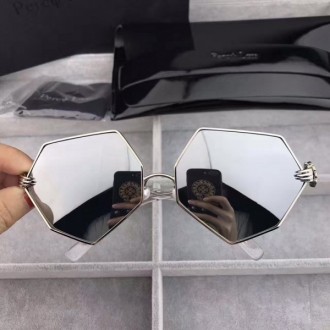 Percy Lau Dada Child Hexagon Polarized Sunglasses Shiny Grey Mirror Silver Frame